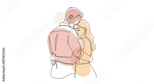 Continuous line art illustration of a romantic couple embracing, young man and woman hugging with abstract pastel shapes