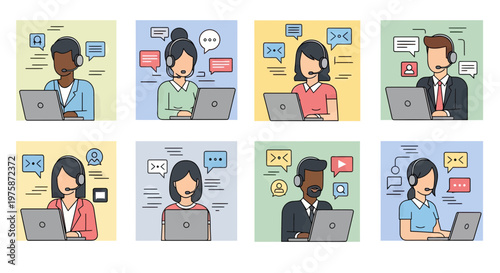 Customer Service Support Team Working on Laptops with Headsets, Diverse Call Center Agents Providing Online Assistance and Technical Help Desk Solutions