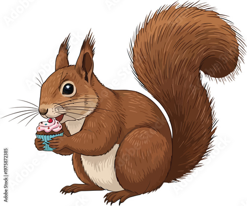 A cartoon squirrel enjoying a colorful cupcake with frosting and sprinkles