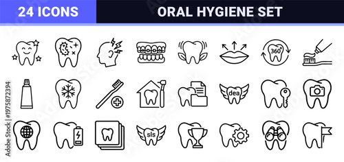 Dental care and oral hygiene minimalist line icon set