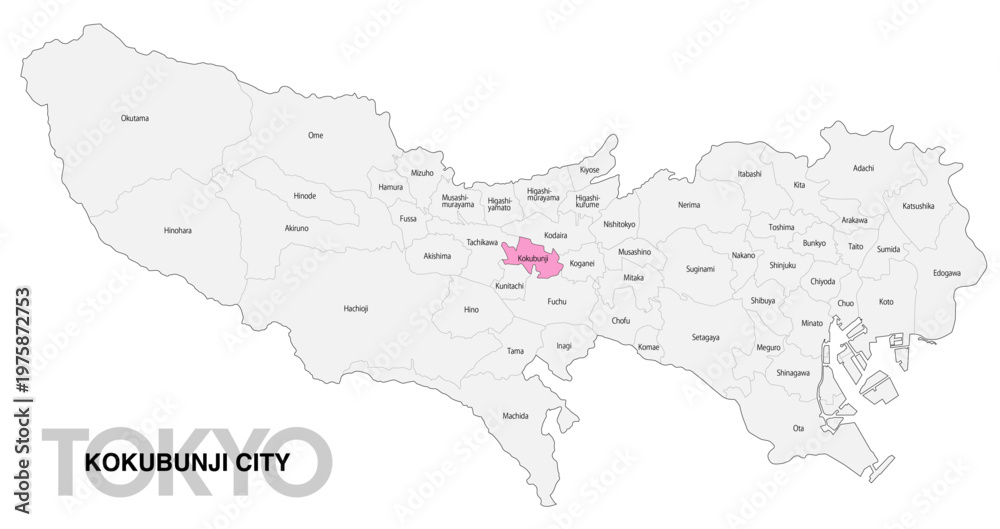 Fototapeta premium [日本地図] 東京都国分寺市の市区町村名入り位置地図 (英語)