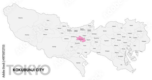 [日本地図] 東京都国分寺市の市区町村名入り位置地図 (英語)