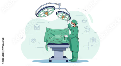 Surgeon Performing Operation in Modern Operating Room with Surgical Lights