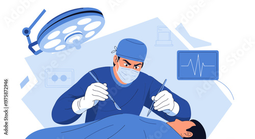 Surgeon Performing Operation in Operating Room with Medical Equipment and Monitor