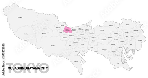 [日本地図] 東京都武蔵村山市の市区町村名入り位置地図 (英語)