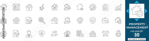Property management line icon set featuring leasing, maintenance, real estate, tenant, contract, house, and rent. Professional editable vector illustration.