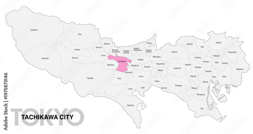 Fototapeta premium [日本地図] 東京都立川市の市区町村名入り位置地図 (英語)