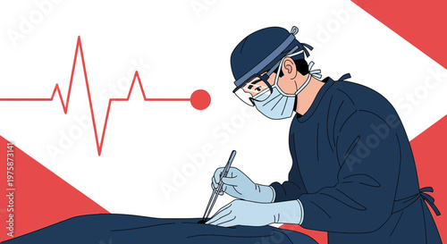 Surgeon Performing Operation with Heartbeat Monitor