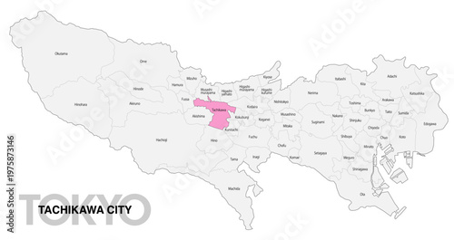 [日本地図] 東京都立川市の市区町村名入り位置地図 (英語)