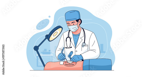 Surgeon Performing Operation with Medical Lamp and Instruments in Operating Room