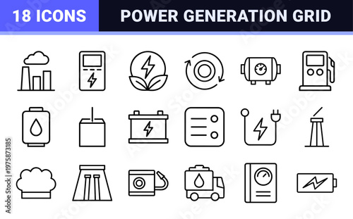Sustainable energy and industrial power line icon set