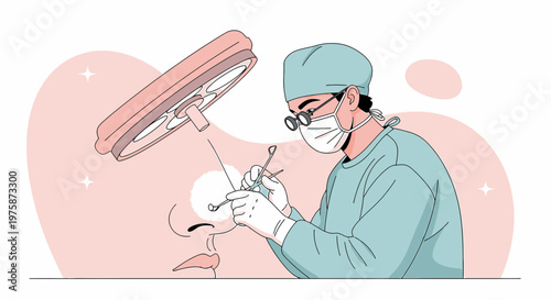 Surgeon Performing Rhinoplasty Surgery Under Surgical Lamp