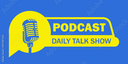 podcast logo text badge yellow blue label template design streaming talk show background