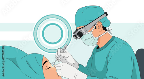 Surgeon Performing Rhinoplasty Surgery with Magnifying Loupes in Operating Room