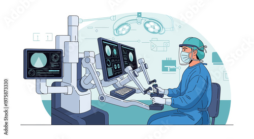 Surgeon Performing Robotic Surgery with Advanced Medical Technology in Operating Room