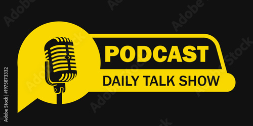 podcast logo text badge yellow label template design streaming talk show background