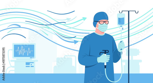 Surgeon Performing Surgery in Modern Operating Room with Medical Equipment and Airflow