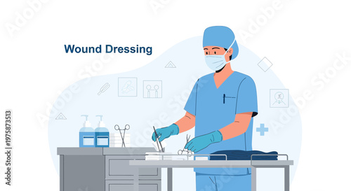 Surgeon Performing Wound Dressing in Operating Room with Medical Instruments