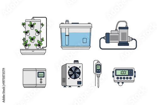 Hydroponics Equipment Icons Set