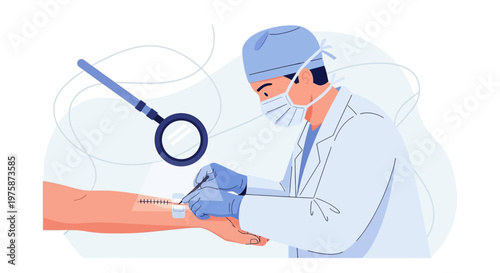 Surgeon performs detailed examination of skin graft on patient's arm with magnifying glass
