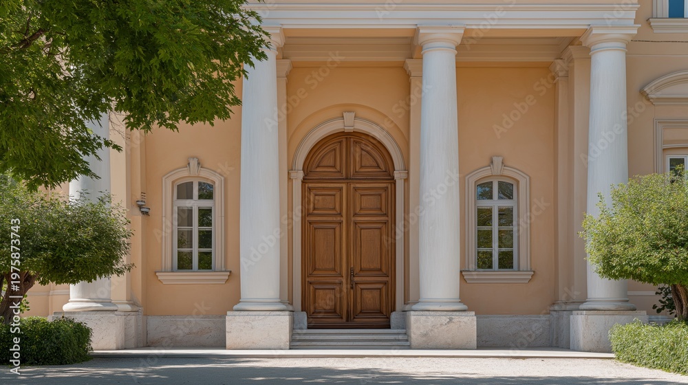 Obraz premium Elegant wooden doors frame a grand entrance