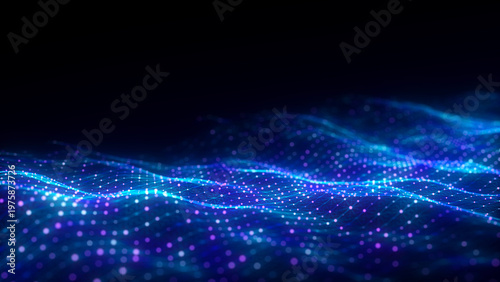 Music color wave of particles and lines. Big data visualization. Abstract blue background with a dynamic wave. 3d rendering.