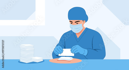 Surgeon prepares sterile gauze pads for a medical procedure in an operating room