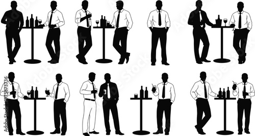 Silhouette business men standing at tables with drinks and bottles male