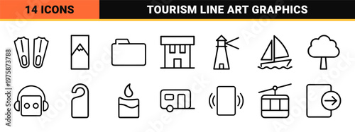 Tourism and vacation outline icons for travel and trip planning.
