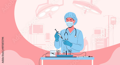 Surgeon preparing injection in operating room with medical equipment and surgical lights
