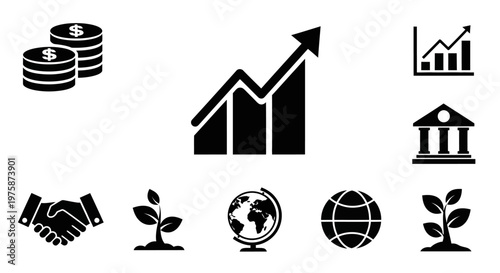 Business Growth Icons: Coins, Graph, Bank, Globe, Seedling, Handshake