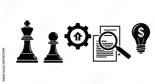 Business Strategy and Growth Concept with Chess, Gear, Document, Magnifying Glass, and Lightbulb