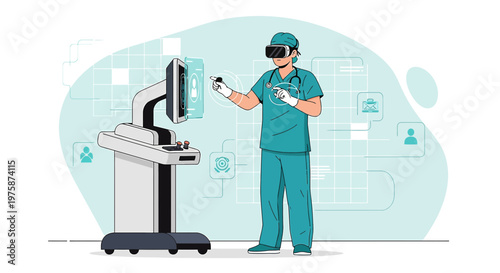 Surgeon using VR headset and controllers for advanced medical simulation and virtual reality surgery