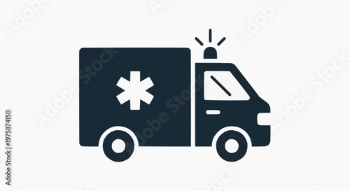 Ambulance emergency vehicle icon, medical transport van with siren and star of life symbol, black flat vector illustration for healthcare apps