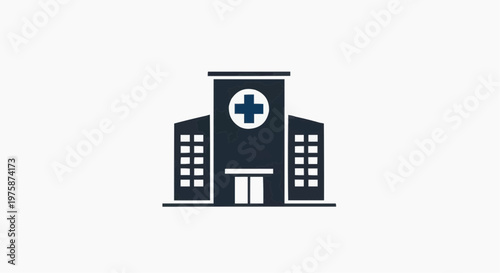 Modern hospital building icon vector, medical center silhouette with cross symbol, healthcare facility architecture for web and app design