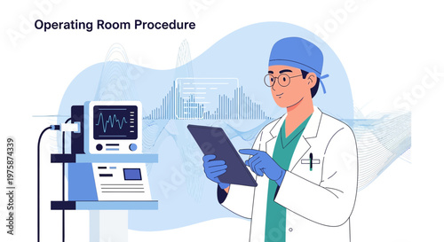 Surgeon with Tablet in Operating Room, Monitoring Patient Vitals on Medical Equipment