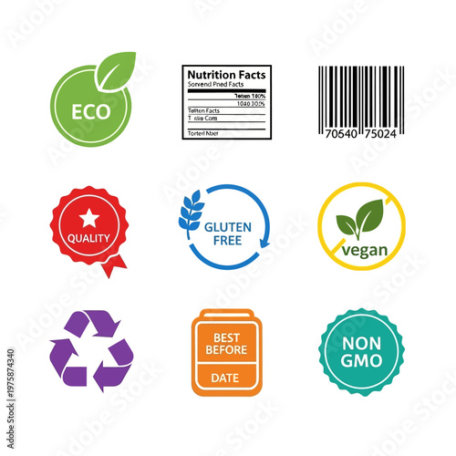 Collection of Eco, Quality, Gluten Free, Vegan, Non-GMO, Recycle, Nutrition Facts, Barcode, Best Before Date Icons
