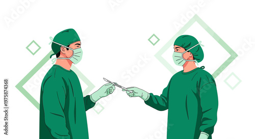 Surgeons in green scrubs and masks exchanging a scalpel in a sterile operating room