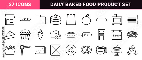 Minimalist bakery and bread shop line icons in grid layout