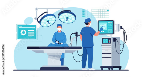 Surgeons Performing Laparoscopic Surgery in Modern Operating Room with Advanced Technology