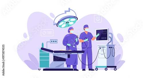 Surgeons Performing Laparoscopic Surgery in Modern Operating Room with Advanced Technology