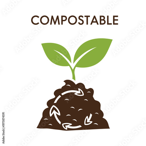 Compostable Symbol with Sprout Growing from Soil