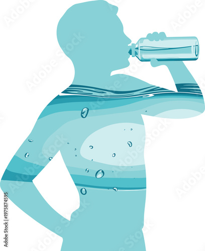 Silhouette of a Person Drinking Water from a Bottle with an Inner Water and Bubble Design Keywords: silhouette, person, drinking, water