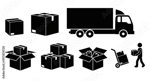Delivery Truck and Shipping Boxes Icons: Logistics, Shipping, and Moving Services