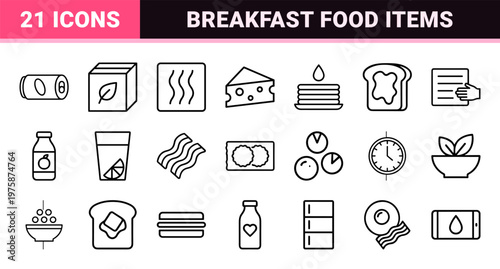Breakfast and morning food thin line icon set
