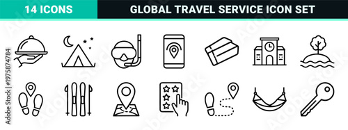 Minimalist travel and tourism outline icons for vacation and holiday planning