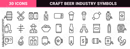 Brewery and bar linear icons with beer mugs, barrels, and craft brewing symbols.