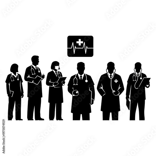 Diverse Medical Team Silhouette with Heartbeat Icon