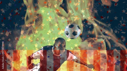Animation of waving usa flag and flames over football player