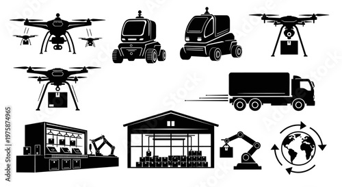 Drone and Robot Delivery Logistics Icons: Future of Autonomous Shipping